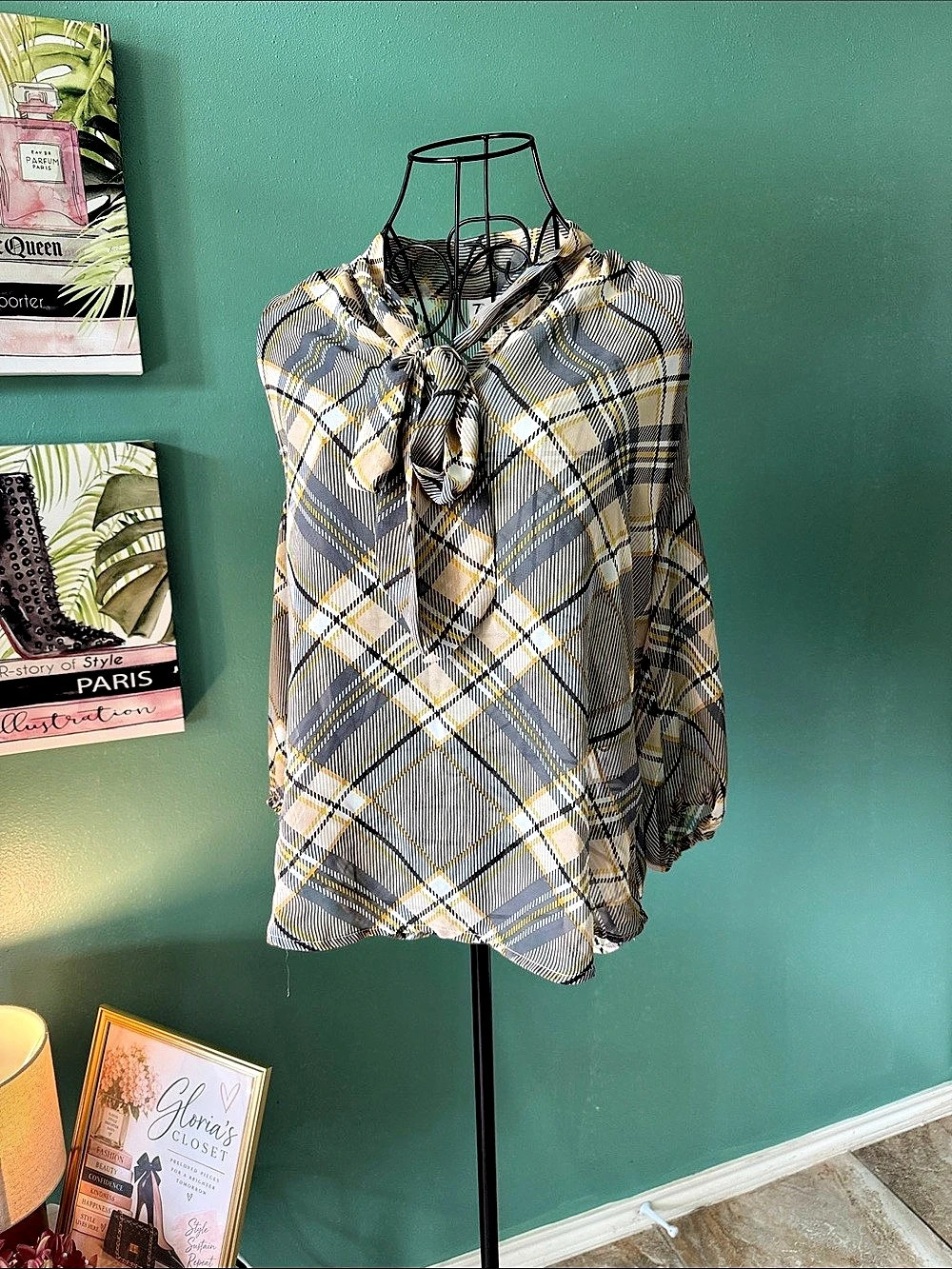 New York & Company 7th Avenue Plaid Tie Neck Blouse Yellow Gray Size M